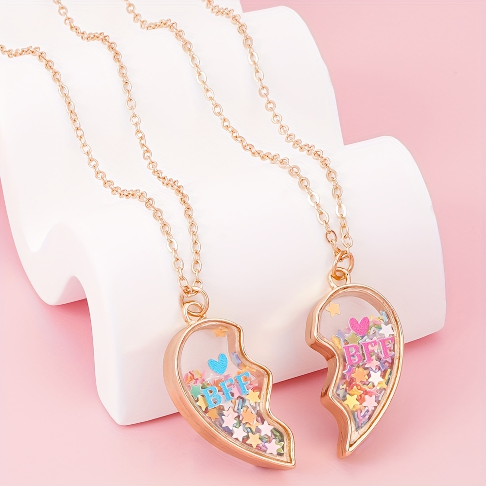 TEMU 2pcs Colorful Star Sequins, Wobble Heart-shaped Pendants, Bff Exquisite And Fashionable Necklaces, Best Friend And Best Friend Sets, Additions,