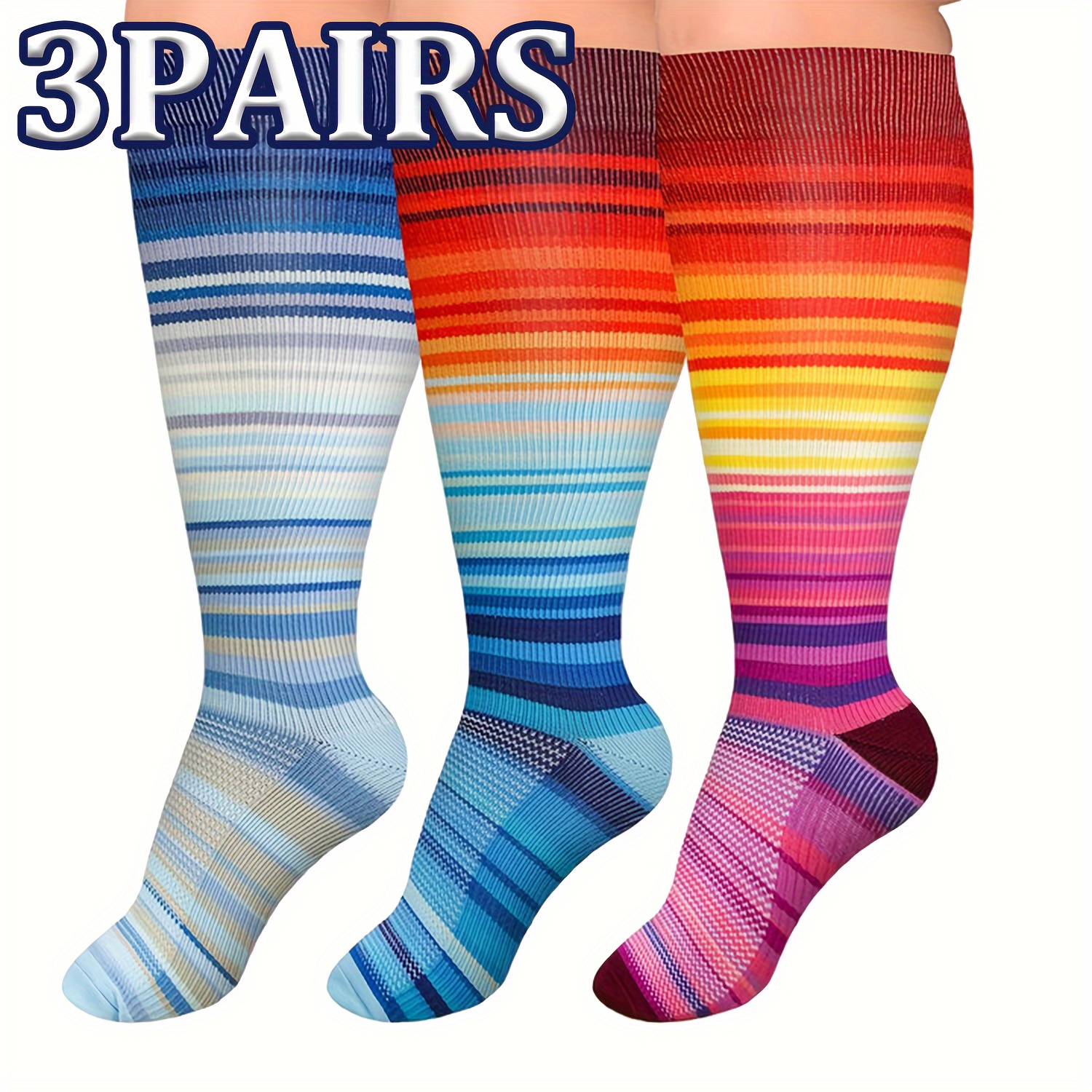 

3pcs Plus Size Socks For - Nylon , Striped, Knee-high Support For Travel, Running, Hiking, Cycling | Ideal Christmas Gift For Sports Enthusiasts