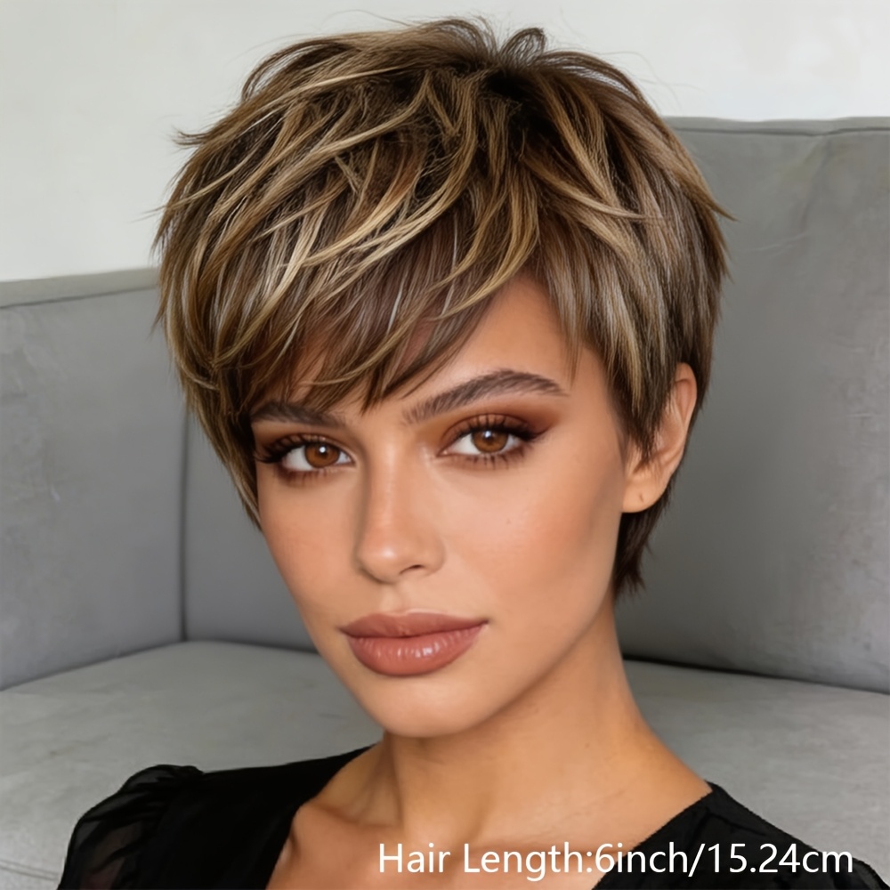 TEMU Perruque en Cheveux Humains pour Femme Adaptée aux Cheveux Caucasiens - Coupe Courte et Raide avec Frange, Mélange Marron/Blond, Perruque