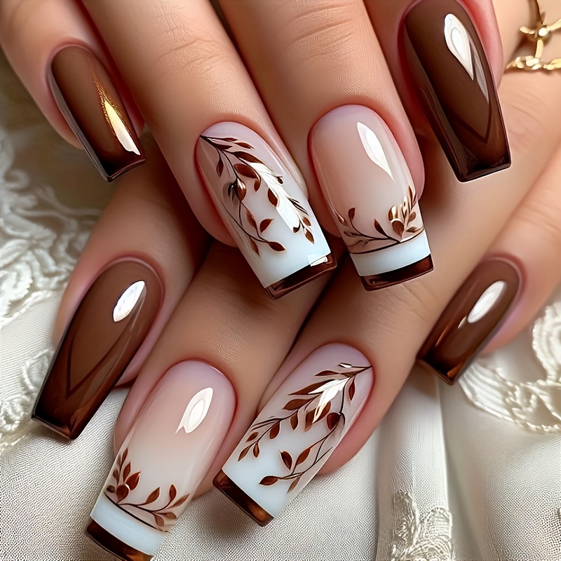TEMU 24pcs Medium Square Fake Nails - Glossy Brown Leaf Design, Removable Nail Tips For Autumn & Winter, Abs Material, Mixed , Machine-, Nail Art
