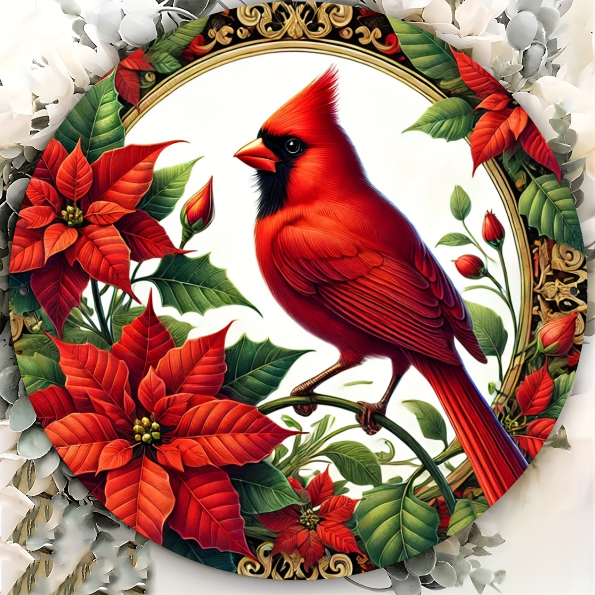 

1-pack Round Iron Tin Sign With Bird & Poinsettia, Waterproof Wall Art For Home, Garden, Patio & Bar Decor, Durable Indoor/outdoor Fancy Decorative Plaque, No Rust Or Fade, Heat & Cold Resistant