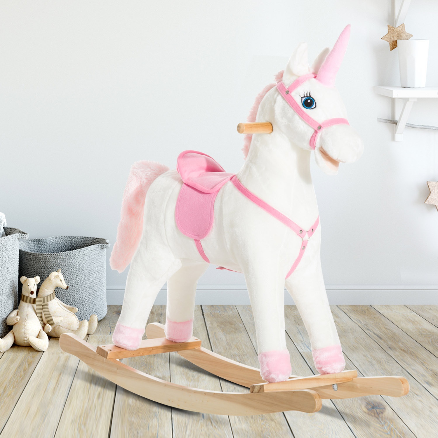 TEMU Qaba Kids Plush Toy Unicorn With Realistic Sounds, White & Pink