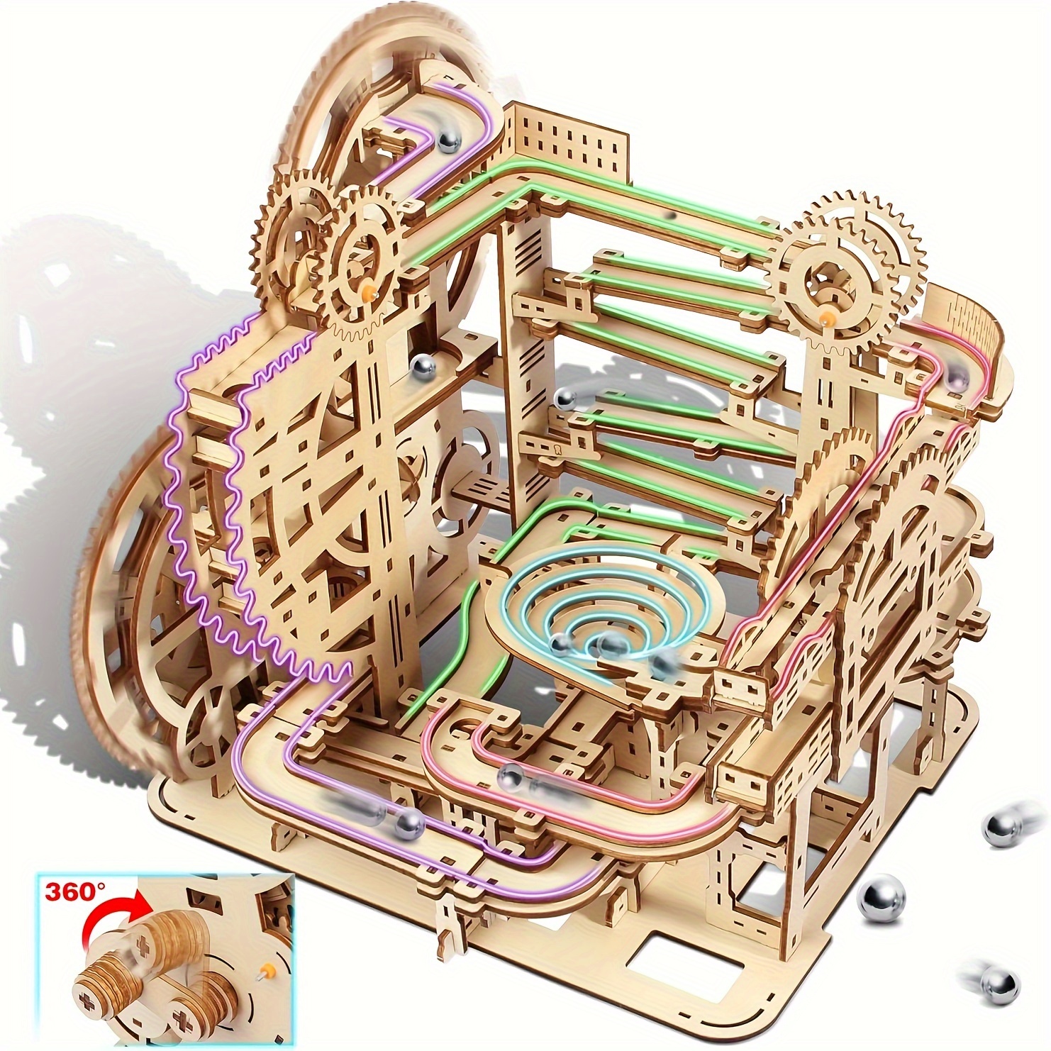 

3d Wooden Puzzles For Adults, Marble Track Set, Mechanical Model Kit, Wooden , Large Waterwhee (372pcs)