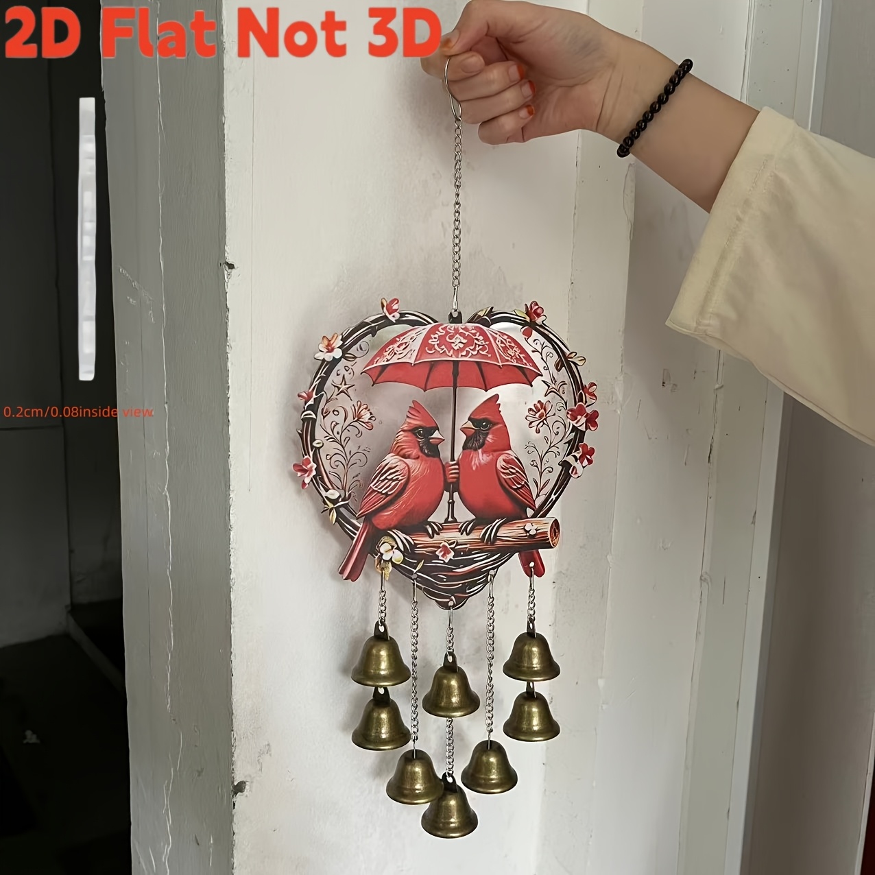 TEMU 2d Flat, 2d [flat] 2d Flat Bird With And Heart-shaped Wind Chime, Vintage Golden Bell Memorial Ornament With Flower Vine Entwining, Outdoor