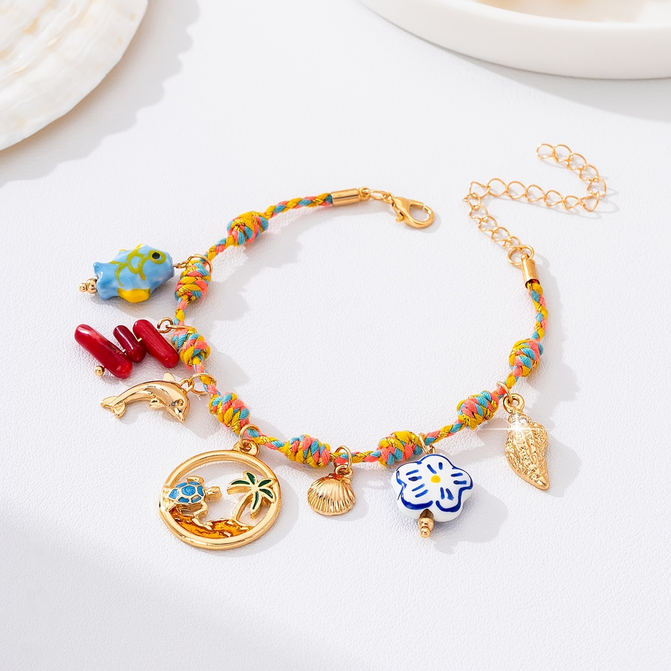TEMU 1pc Bohemian Beach Style Fashion Ceramic Small Fish Oil Alloy Bracelet Suitable For Women's Vacation Gift Daily Wear
