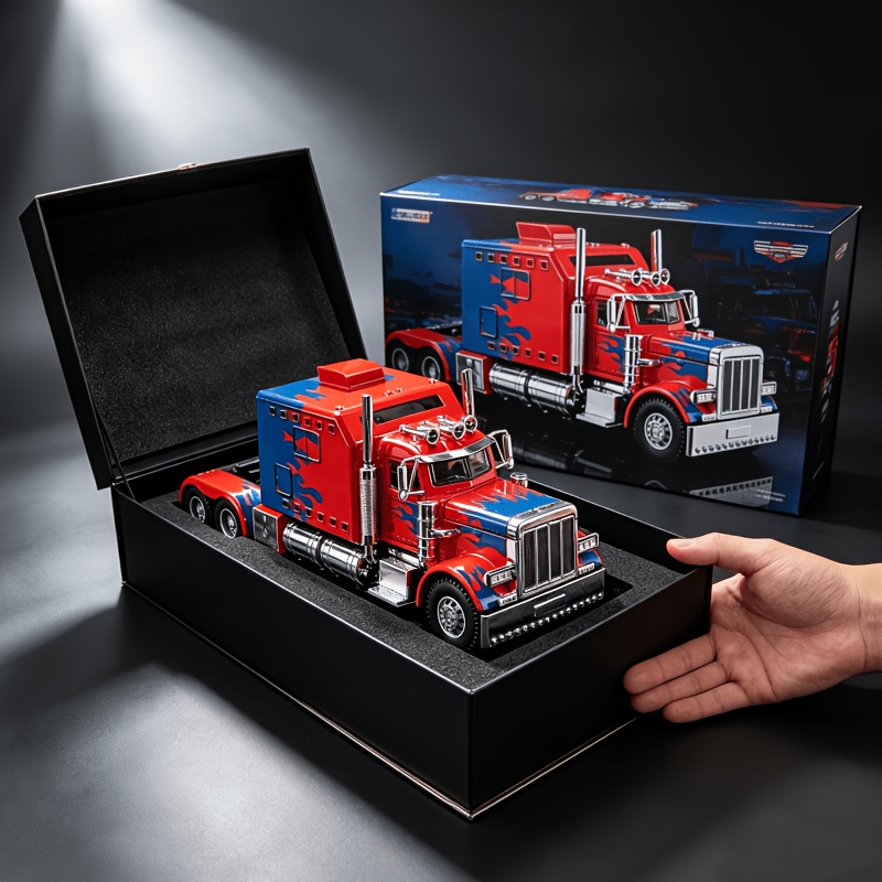 TEMU Modèle semi-remorque américaine en alliage moulé 1:24, de camion lourd et bleu avec flamme, avec effet lumineux à rétrofriction, capot et portes