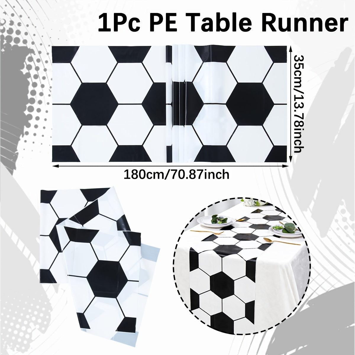 Image of 1pc, Football Theme Table Runner, 180*35cm, Black White Soccer Theme Disposable Pe Table Runner, Sport Theme Birthday Party Decoration, Game Day Party Table Decor, Event Party Table Runner