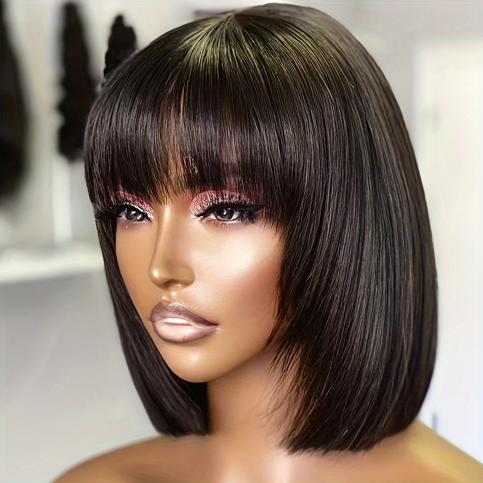 TEMU Hair Straight Short Bob Wig With Bangs - 180% Density Glueless Machine-made Wig For Women, Versatile Hairstyle For All & Occasions, Hair Wig