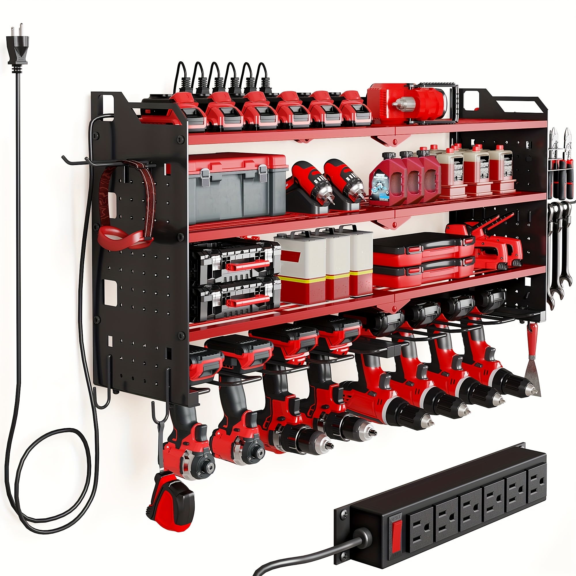 TEMU Heavy Duty 4-tier Wall Mount Power Tool Organizer With Charging Station, Metal Tool Storage Rack With 8 Cordless Drill Holder, Wall-mounted