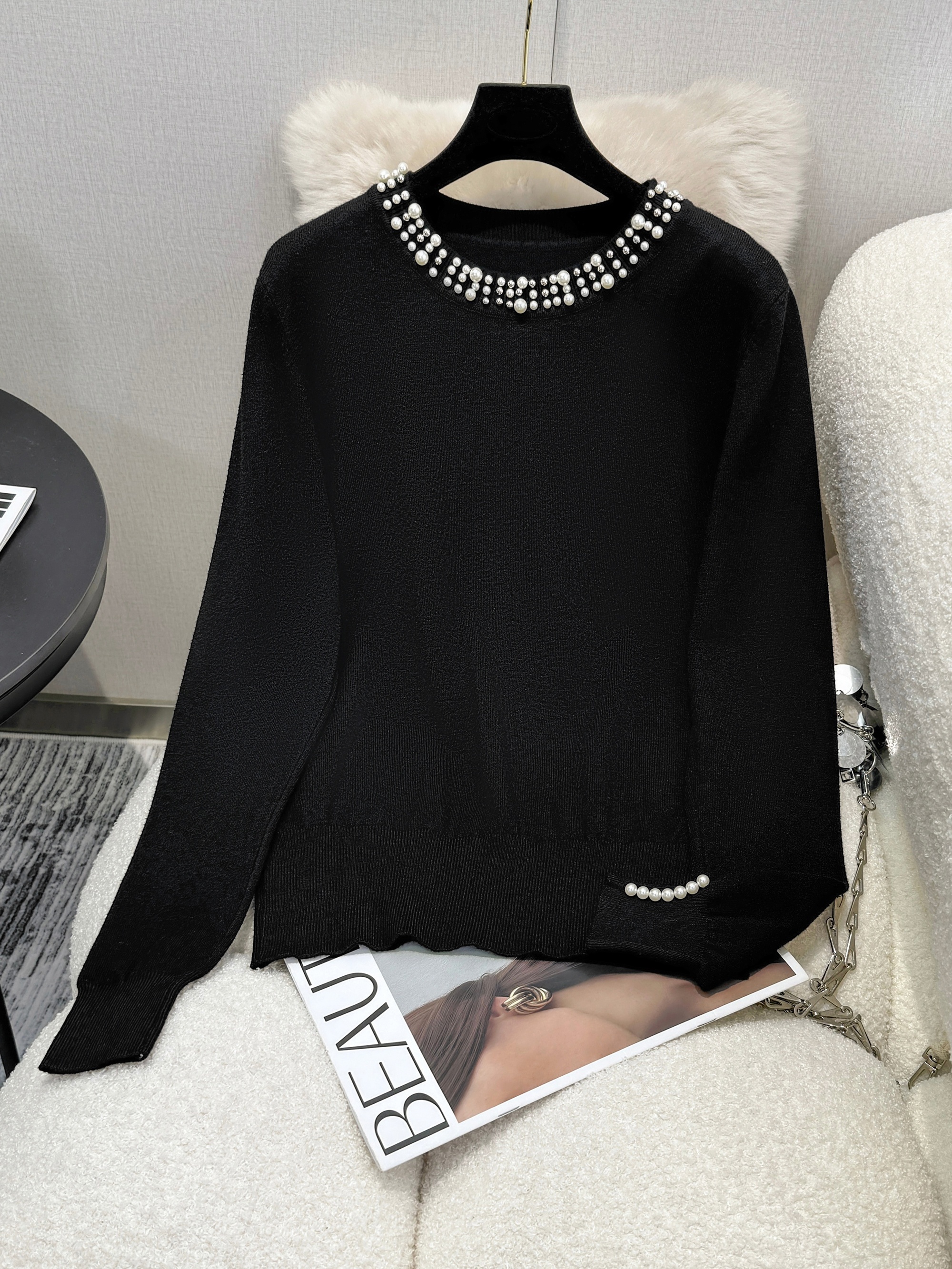 women's casual pearl embellished long sleeve sweater soft Temu