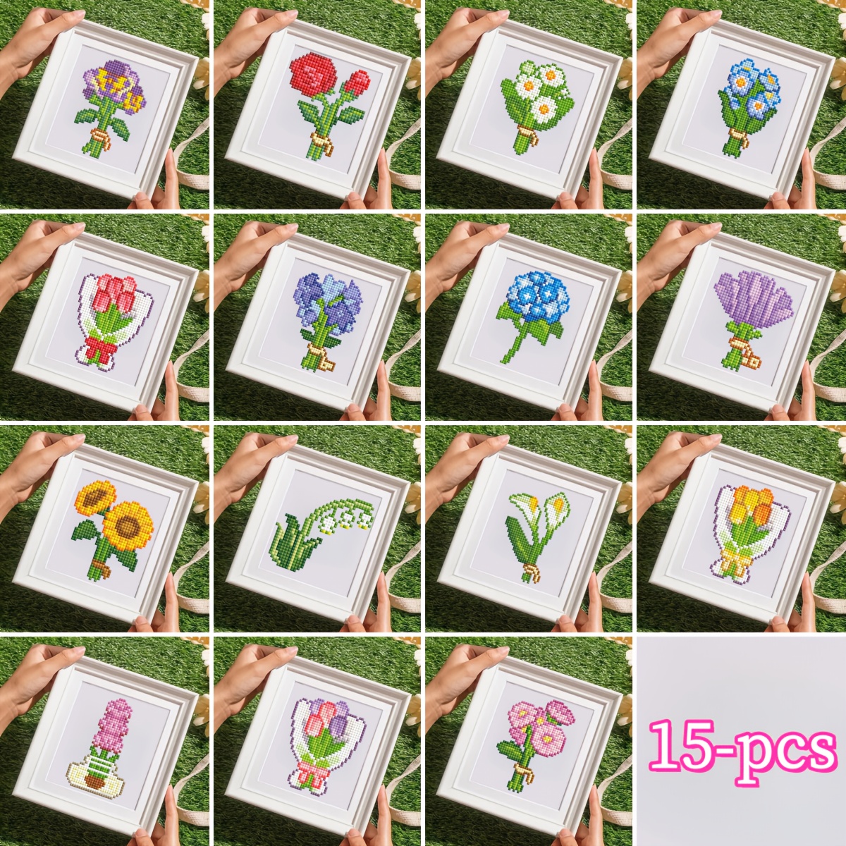 TEMU Creative Diamond Painting Diy Flower 15pcs Products Leisure Production Decorative Painting, No Frame Christmas Halloween Gift.