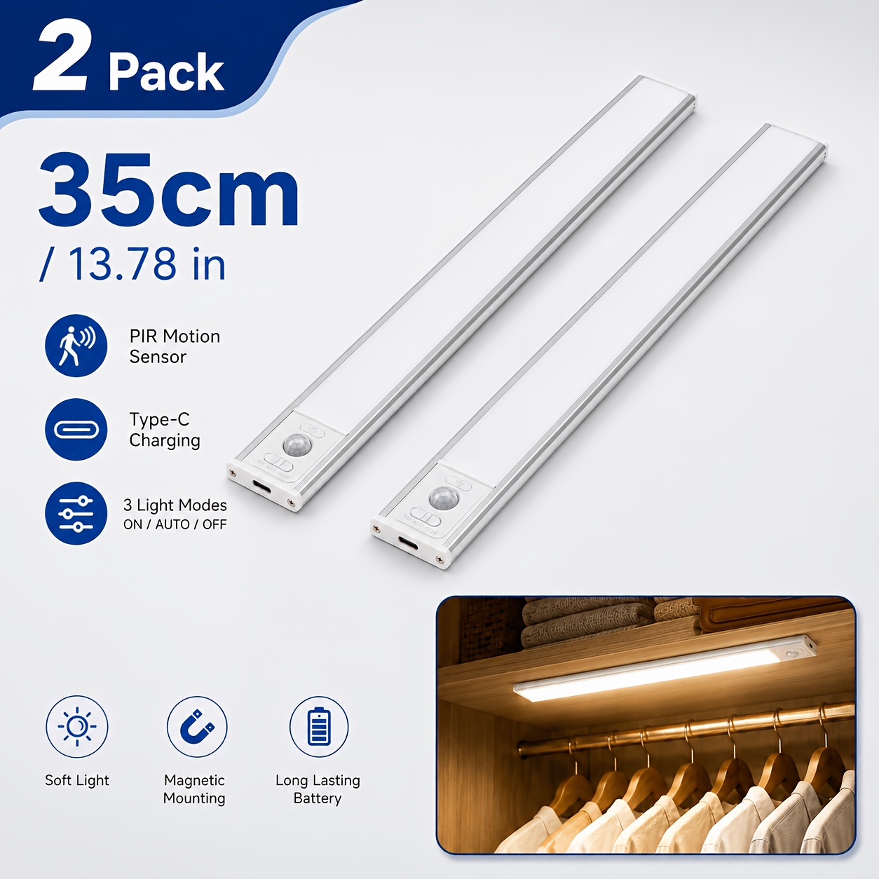 2pcs Rechargeable Motion Sensor Cabinet Lights with 3-Color LED