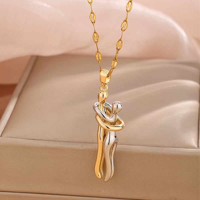 Image of 1pc Fashionable And Trendy Stainless Steel Necklace / Couple Hugging Copper Pendant Stainless Steel Necklace / Suitable For Women' Wear And Party Wear / Exquisite Jewelry Additions For [no Gift Box]