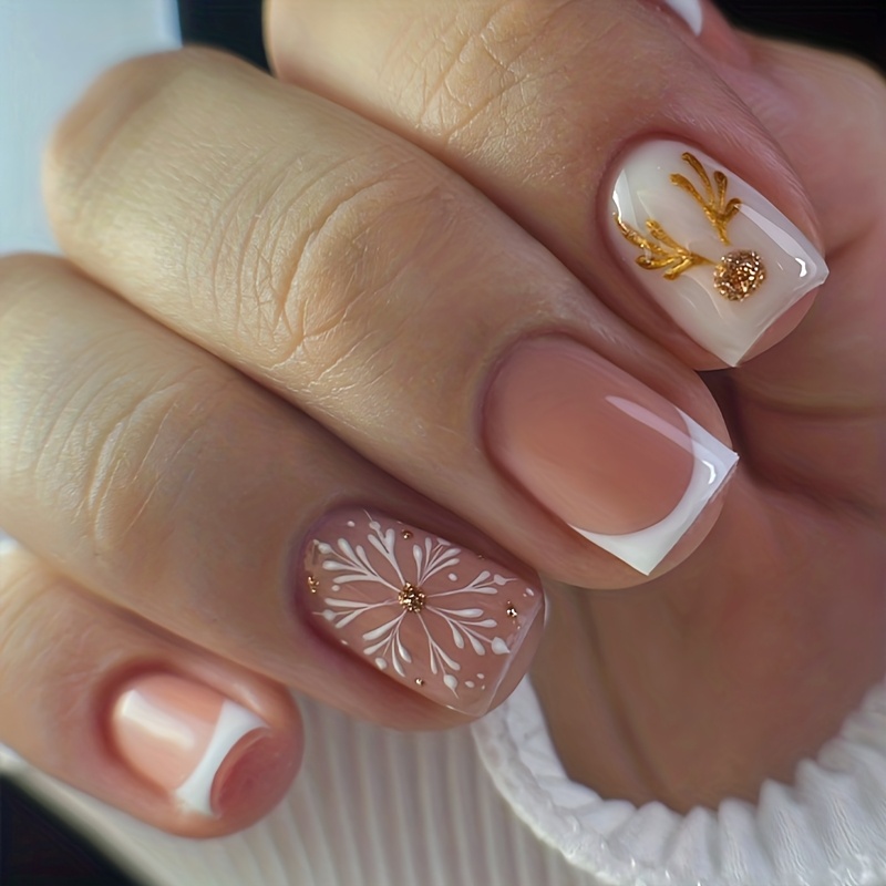 TEMU Christmas Press On Nails Short Square Fake Nails Reusable Full Cover With Golden Glitter Reindeer & Snowflake 24pcs French Nails Acrylic Surface