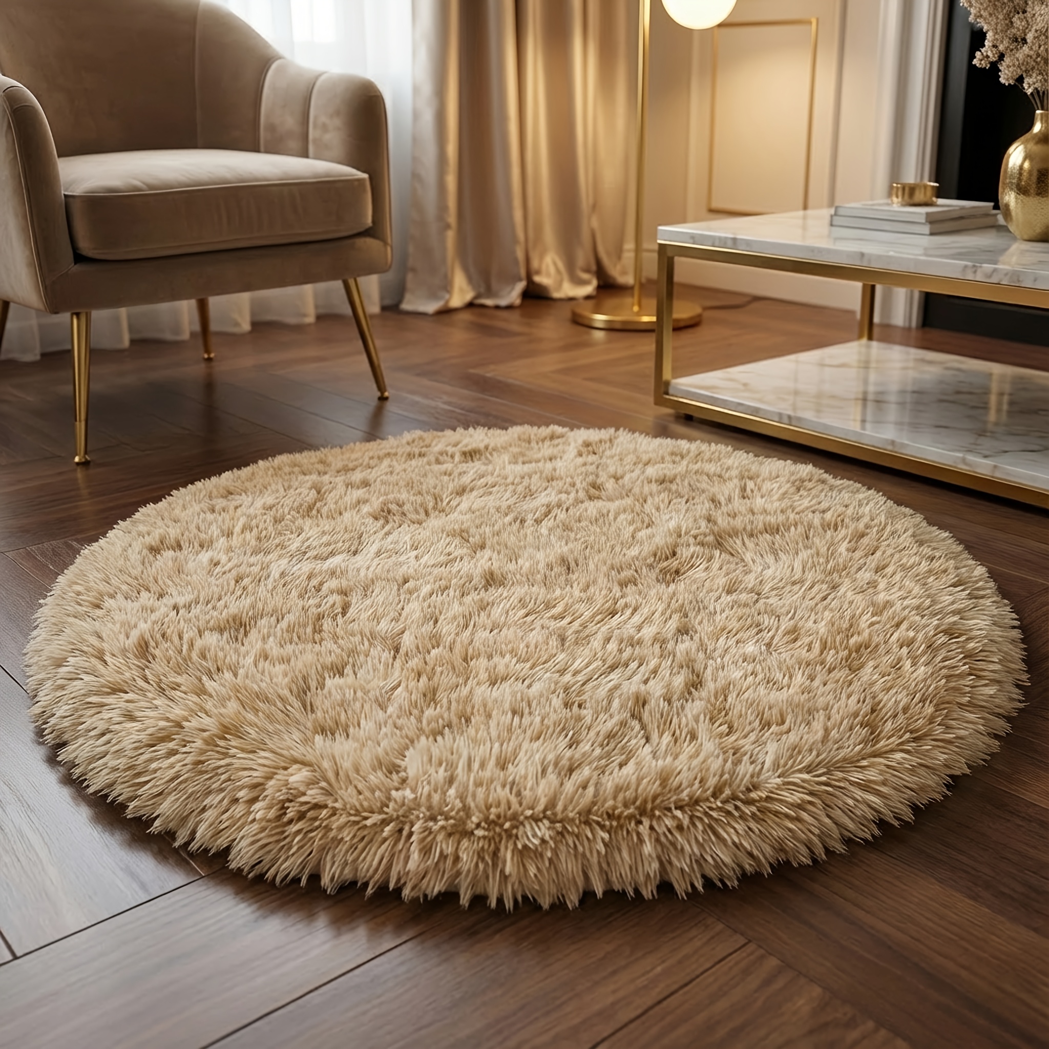 TEMU 1pc Handmade Round Rug Suitable For - Plush Suitable For, Bedroom, Pet-friendly Floor Covering, Hand Washable Shedding-resistant With Camel