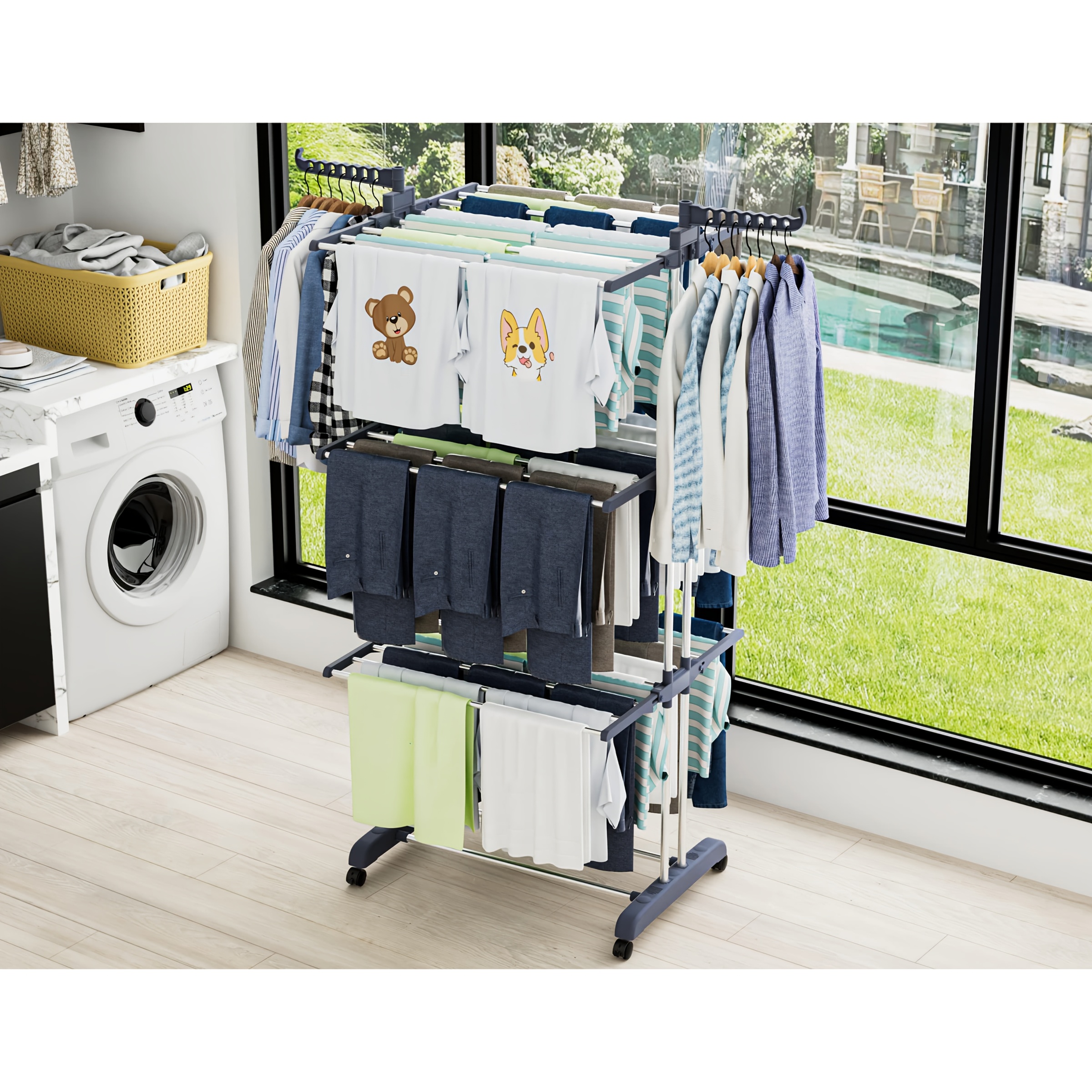 Étendoir à Linge, Grand Étendoir à Linge Pliable en Acier Inoxydable à 4 Niveaux, Étendoir à Linge Mobile, avec 4 Roulettes, 24 Tiges de Séchage et 14 Crochets pour Literie, Vêtements, Gris, Étendoirs