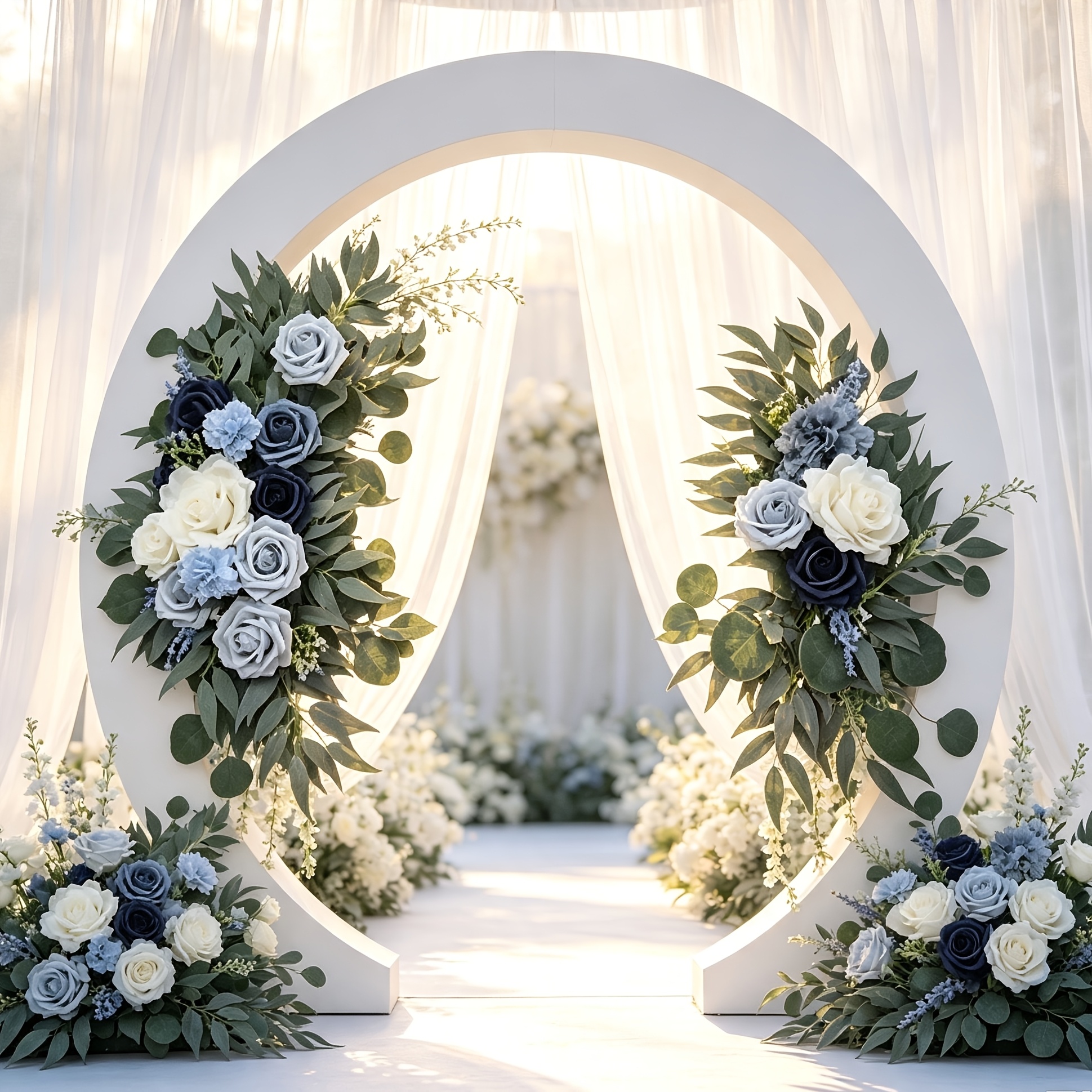 TEMU Florale Artificielle de avec Roses Bleues et Blanches, Rangée de Fleurs , Panneau de de Mariage, Murale à Suspendre, Fausses Fleurs (2 pièces)