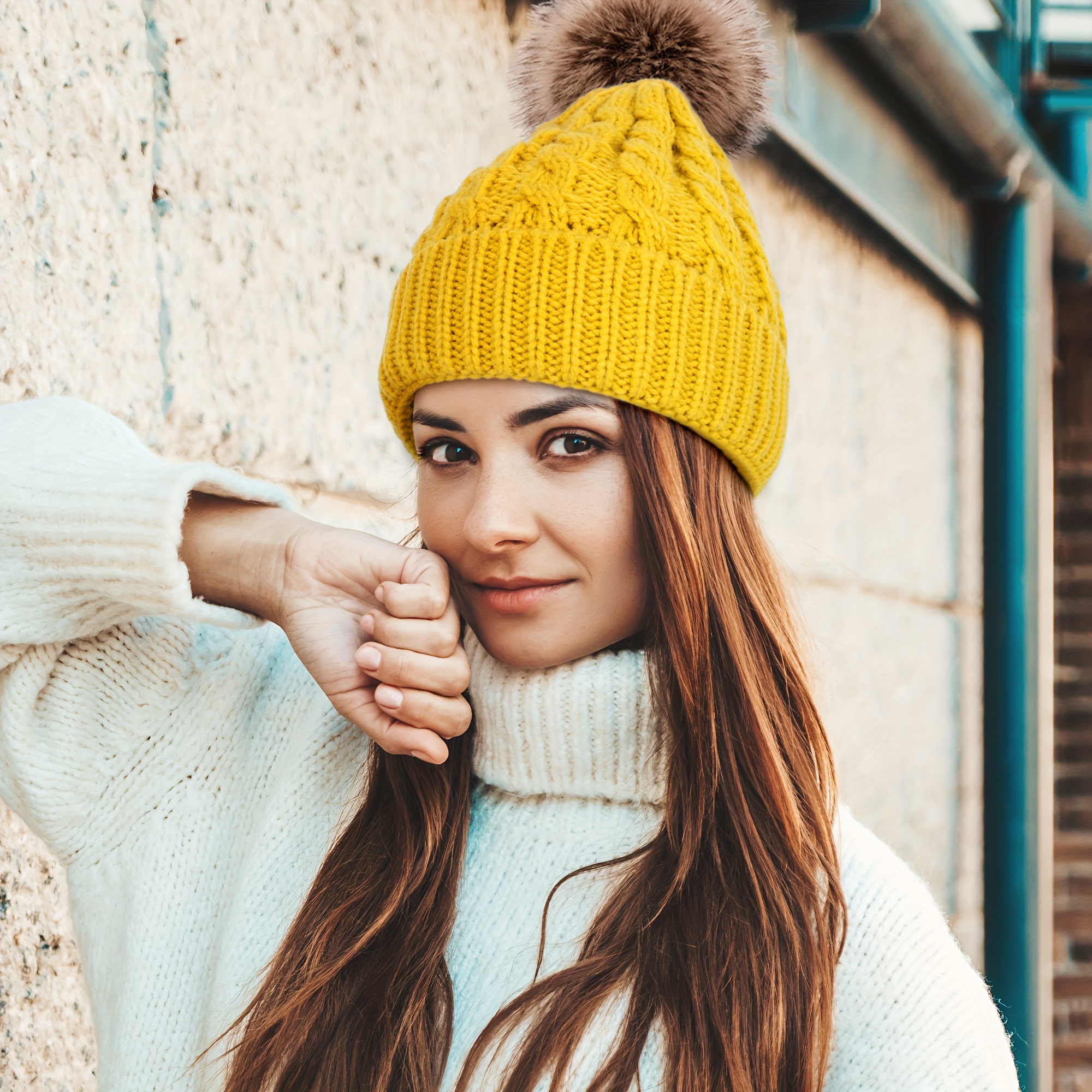 womens winter soft knit beanie hat faux fur pom pom warm - Temu display picture 1