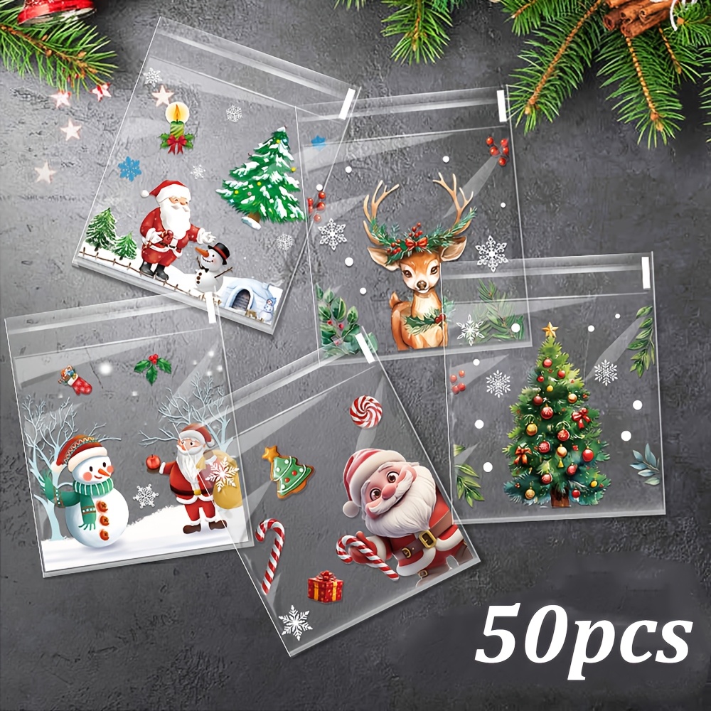 TEMU 50-pack Christmas Hot-selling Five-in-one Transparent Self-adhesive Bags For And Candies, Snowman, Reindeer, Santa Claus Printed Holiday Small