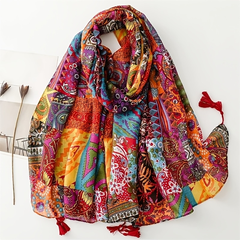 TEMU Nouveau foulard bohème rouge patchwork et décontracté pour femmes, châle à franges, foulard de mode, serviette de plage , accessoire cadeau