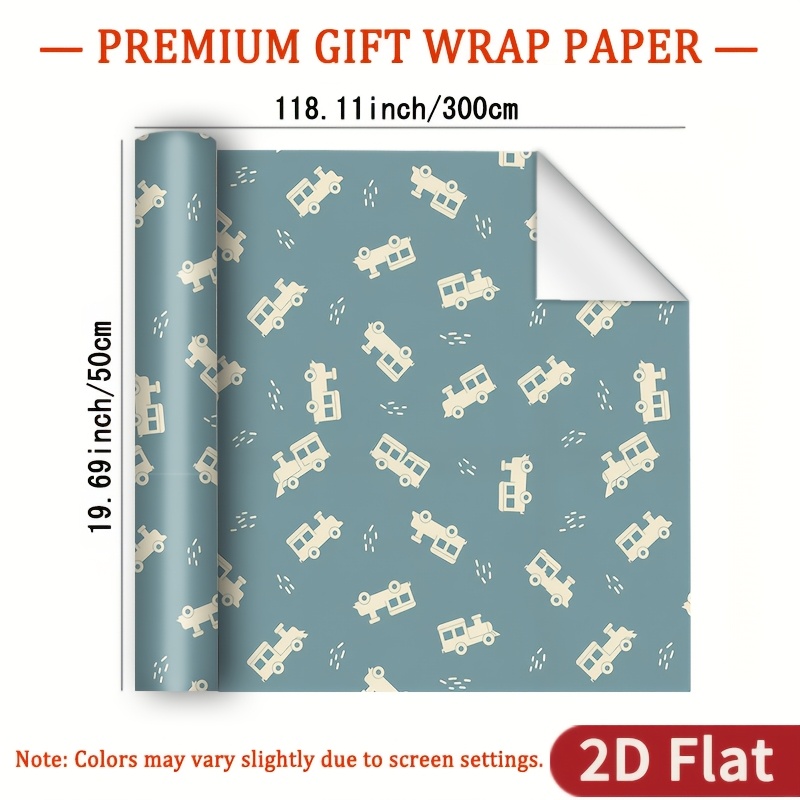TEMU 1 Roll 2d Flat Cartoon Toy Car Wrapping Paper Gift High-gloss Wrapping Paper - Lake Bottom Color + Vintage Cartoon Little Train Pattern,
