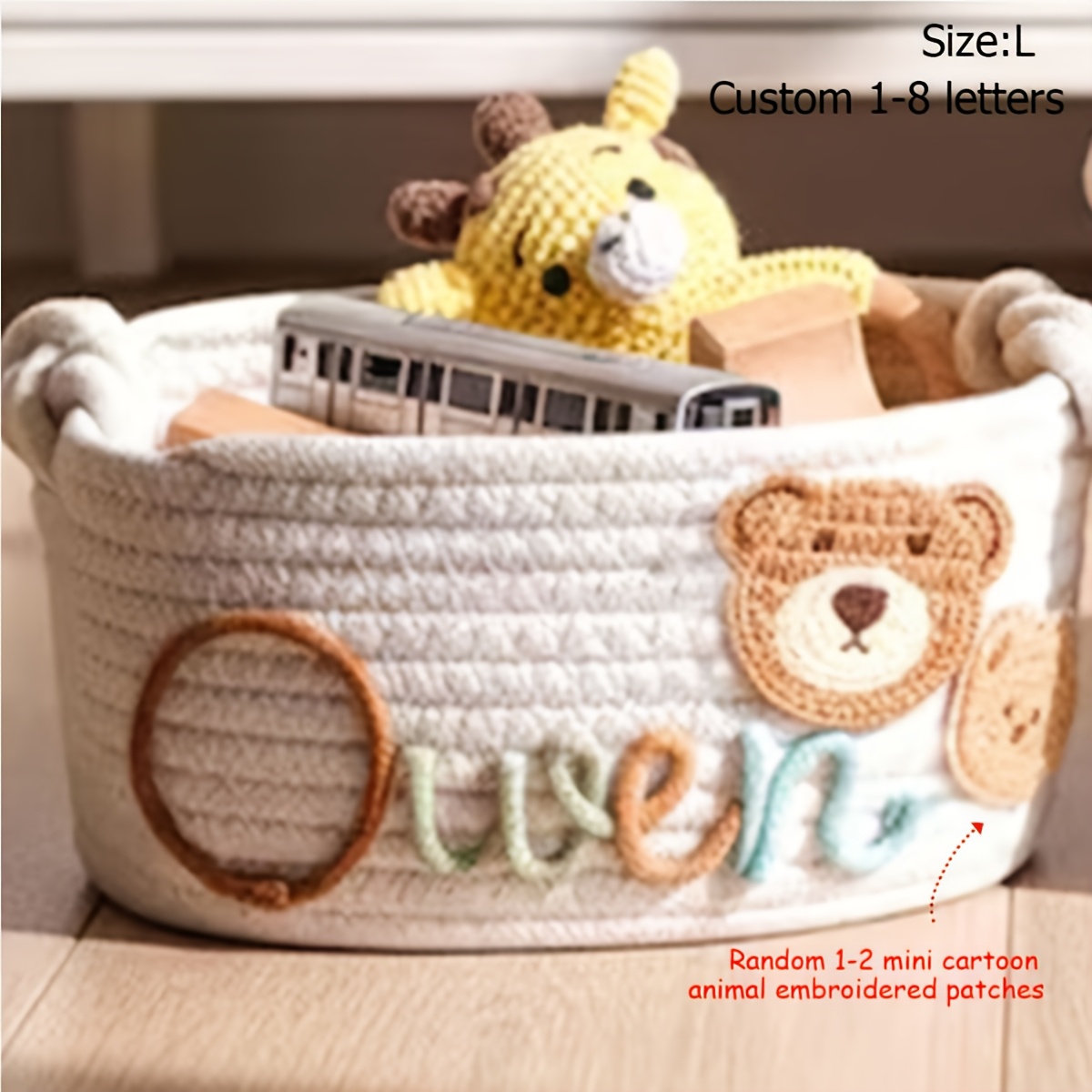 TEMU [custom] 1pc Personalized Handmade Storage Basket With English Name — Includes 1–3 Random Floral Accents And Cartoon Animal Patches | Home