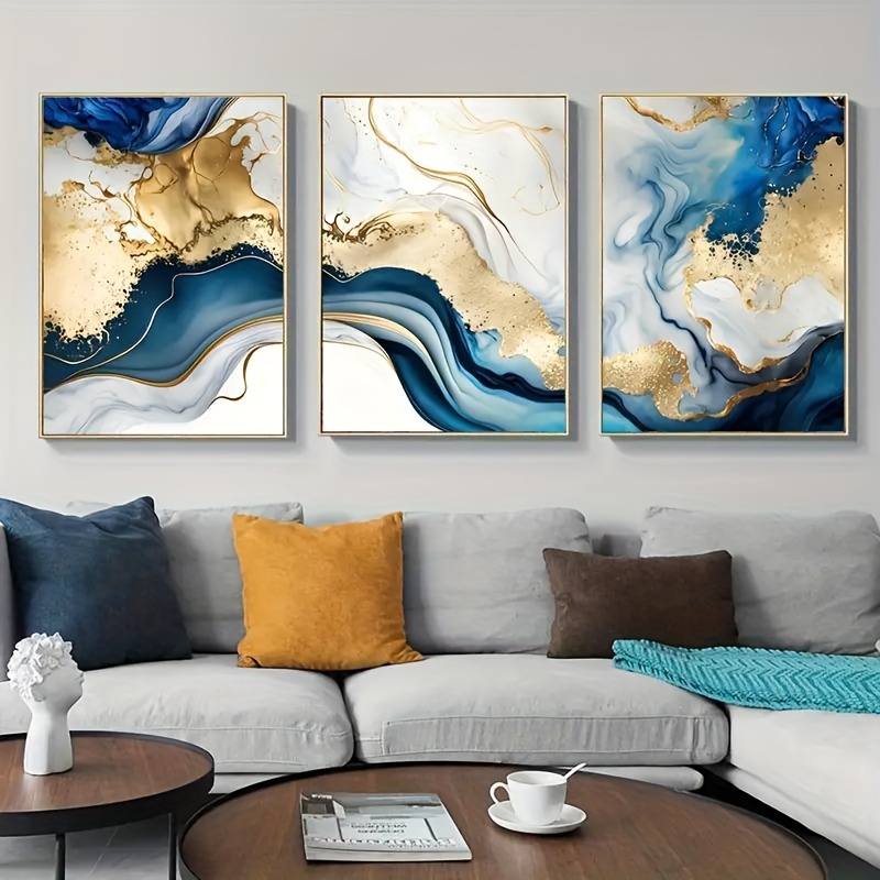 

3pcs/set Modern Abstract Canvas Print Posters, Golden Blue Marble Canvas Paintings, Wall Art, Wall Decor, Artwork Wall Painting For Living Room Bedroom Bathroom Office Hallway Wall Decors, No Frame