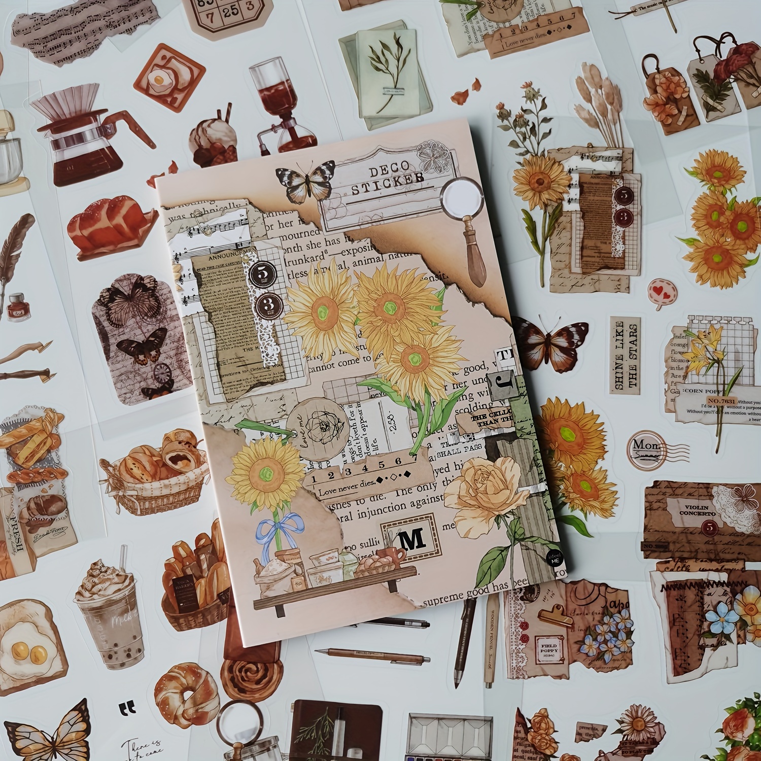 Image of 1 Book Of 20 Sheets Of Retro Artistic Plant Floral Pet Decorative Handbook Base Material Stickers