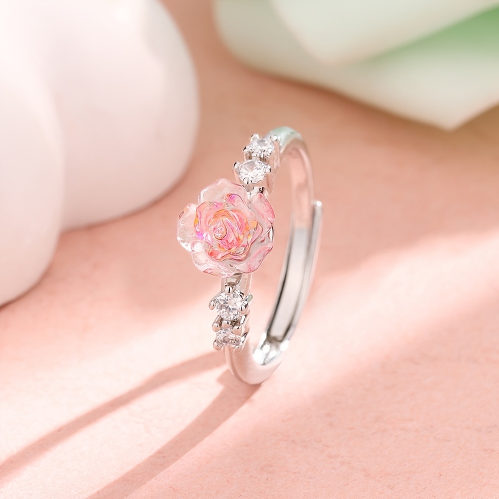 Adjustable Pink Rose Women's Ring with Sparkling Stones