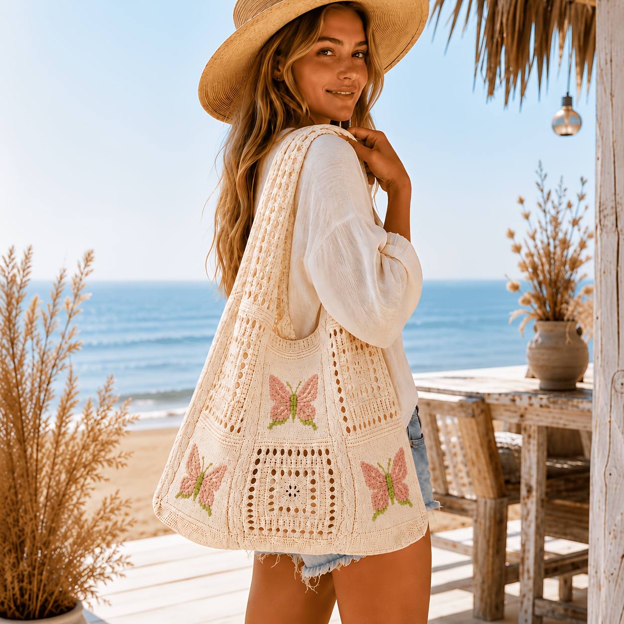 TEMU Women's Artisan Crochet Shoulder Tote Bag, Large Capacity Boho Summer Beach Shopper, Vintage Vacation Everyday Carryall