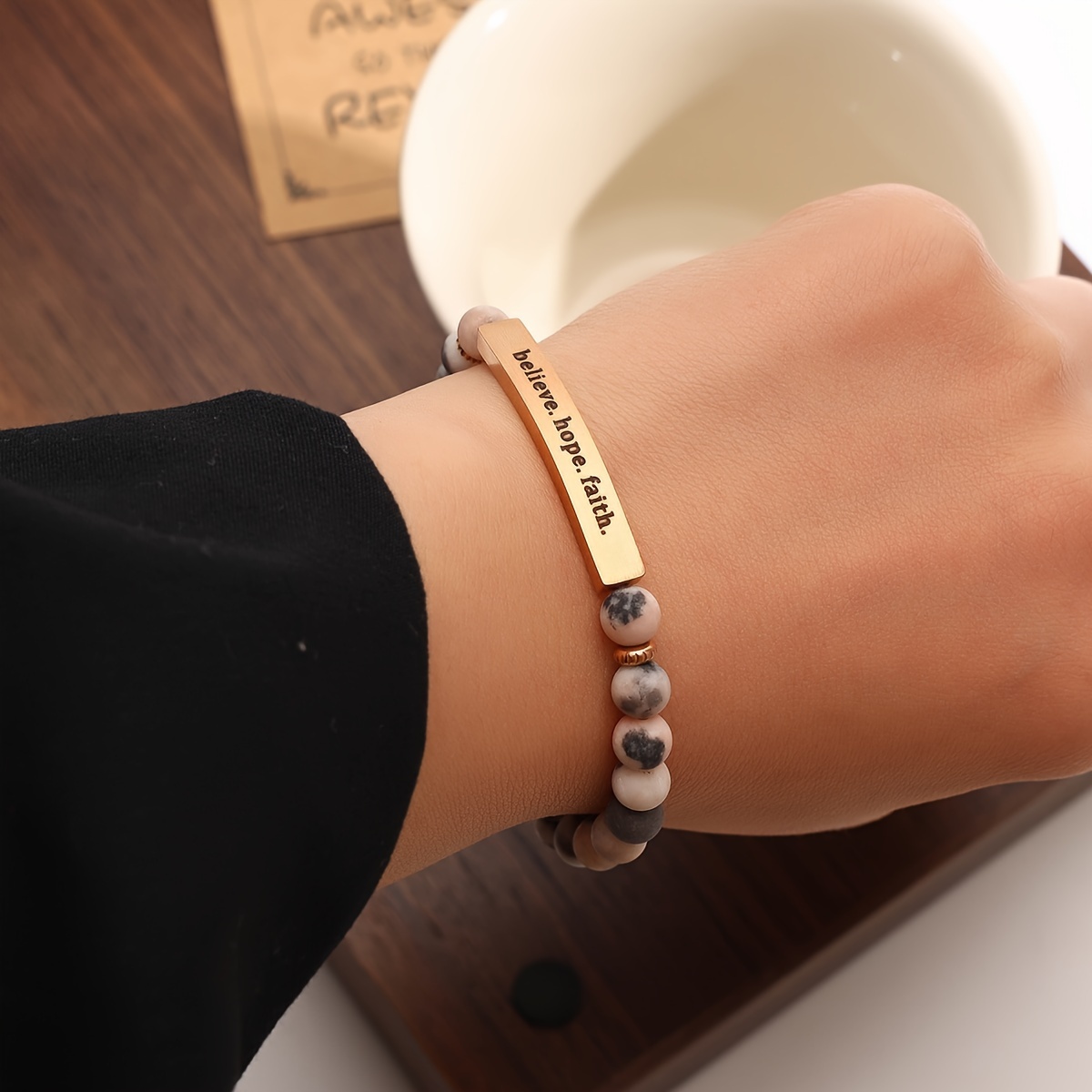 

1 Pc Unique Natural Stones With Wooden Rectangle Letter Engraved Bracelet Elegant Leisure Style For Women Daily Casual
