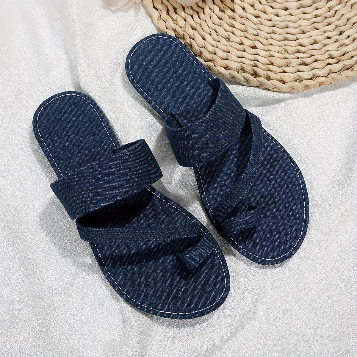 womens chic flat sandals navy blue fabric strap open toe Temu