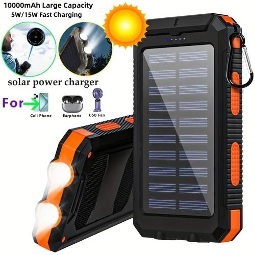 10000mah 5v2a fast charging multifunctional solar panel power bank with led light large capacity rechargeable portable mobile phone charger dual flashlights dual usb port outdoor travel must have battery packs usb c ouput input