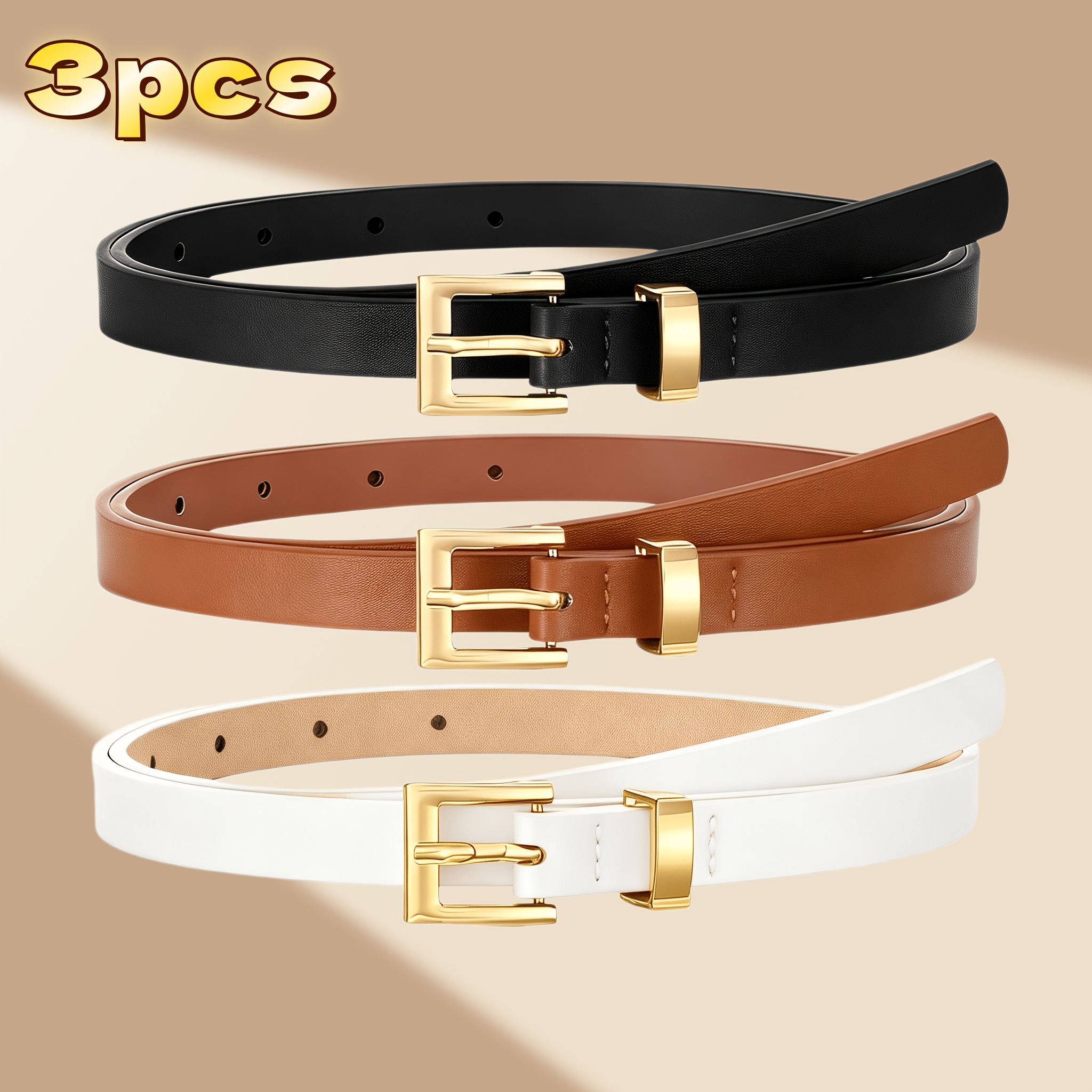 E-shop 3er-Set Eleganter Damen-Gürtel mit goldener Schnalle im Stiftverschluss-Stil, geeignet für alle Jahreszeiten, kombinierbar mit Freizeithosen,