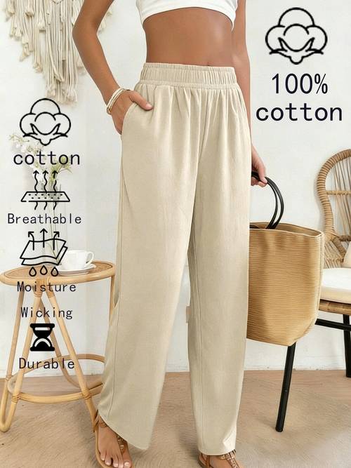 womens casual straight leg pants elastic waistband fabric machine washable everyday