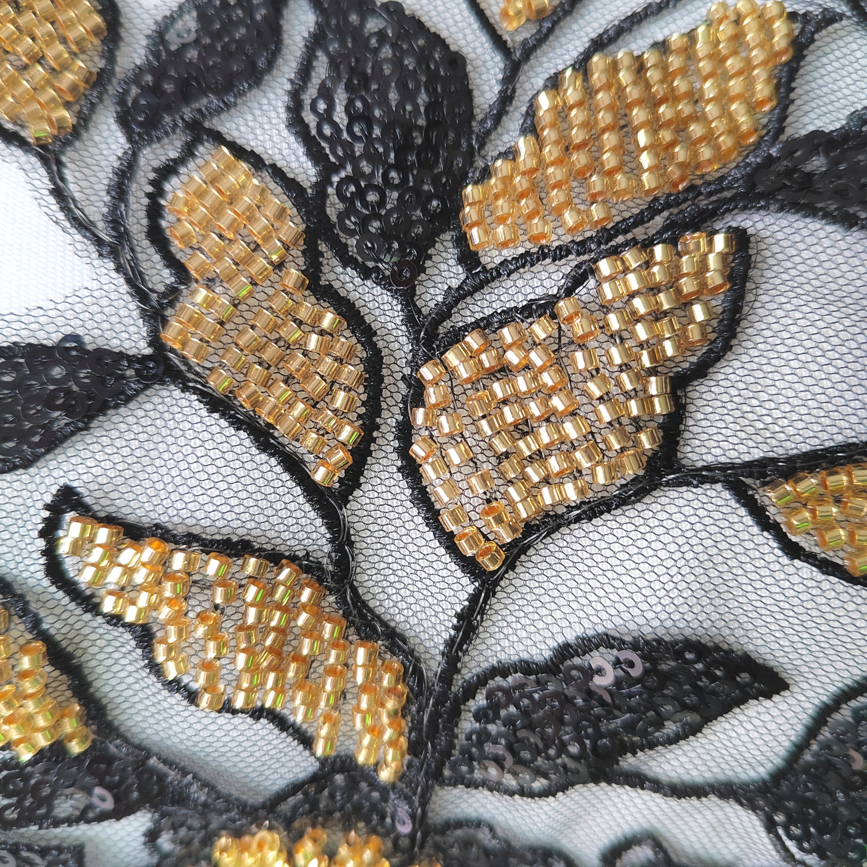 Black and Golden Sequin Flower Embroidery Patch