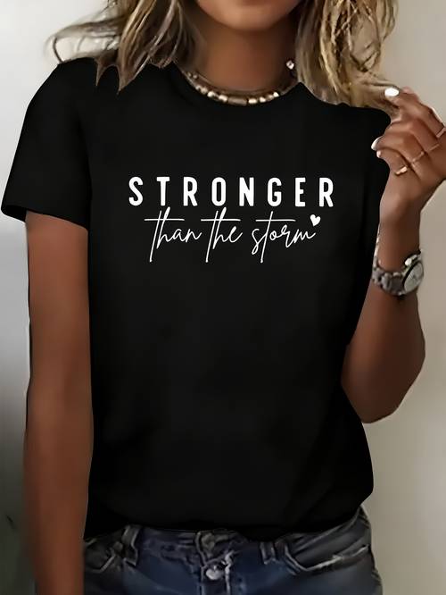 womens turquoise stronger than graphic t shirt elegant round neck short sleeve breathable polyester machine washable spring summer casual t shirts summer outfit text design smooth texture