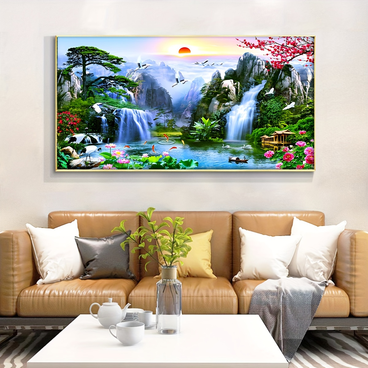 

1pc Canvas Painting, Waterfall Sunset Landscape Canvas, Natural Ccenery Wall Art Poster, Bohemia Art Canvas, Birds/fish/flowers Wall Art Picture, Canvas