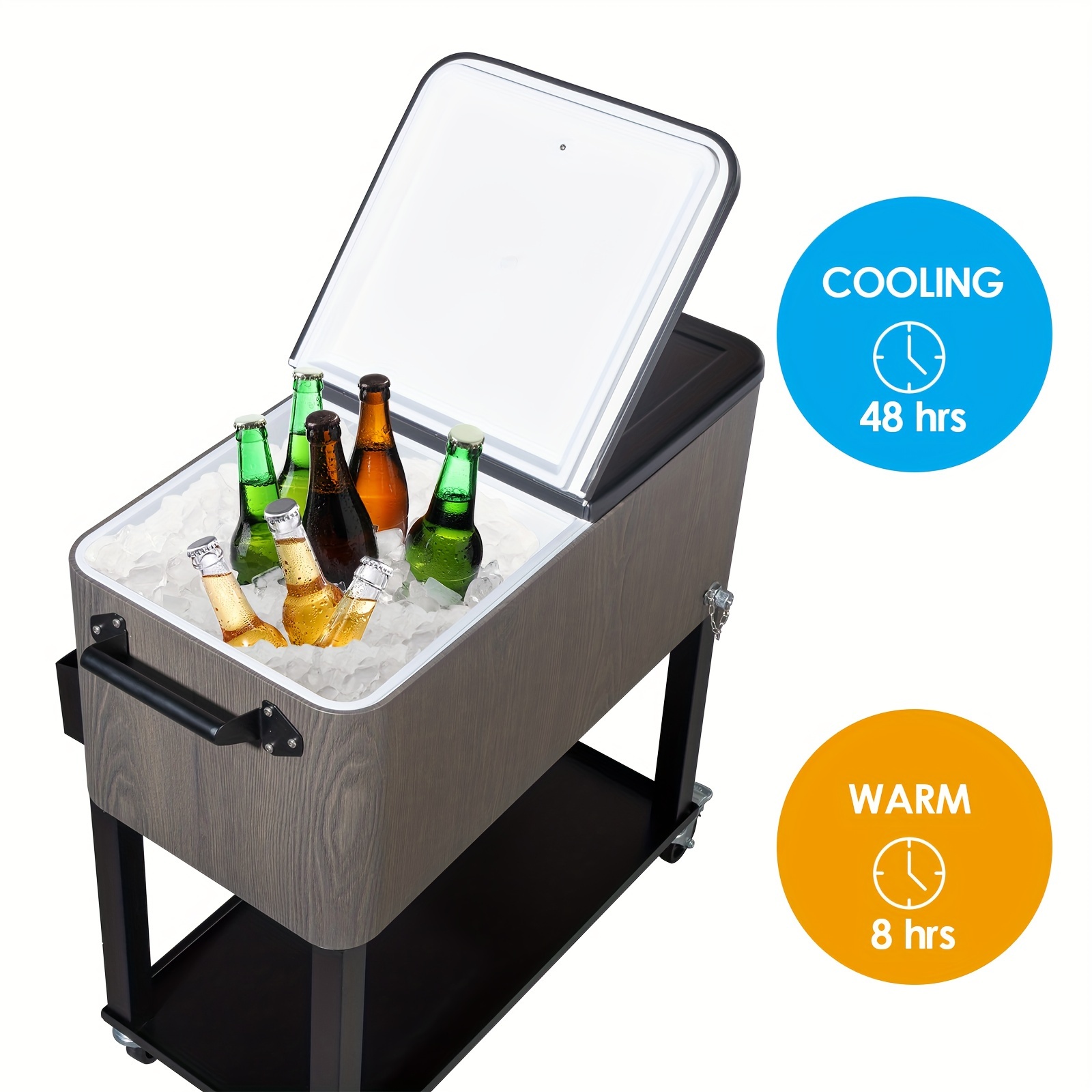 Commercial-Grade Outdoor Grey Wood-Grain Insulated Cooler Cart - Ice Retention for Up to 48 Hours - For Market Stalls & Camping - Durable & Spacious - Ideal Gift for Outdoor Enthusiasts