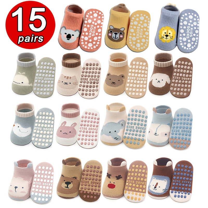 Image of 15 Pairs Of Non-slip Socks For Boys And Girls Floor Board, Designed For To Learn Grip And Stability, With Cute Cartoon Animals, Made Of Polyester 95.0% And Spandex 5.0%, Suitable For , Funny Socks