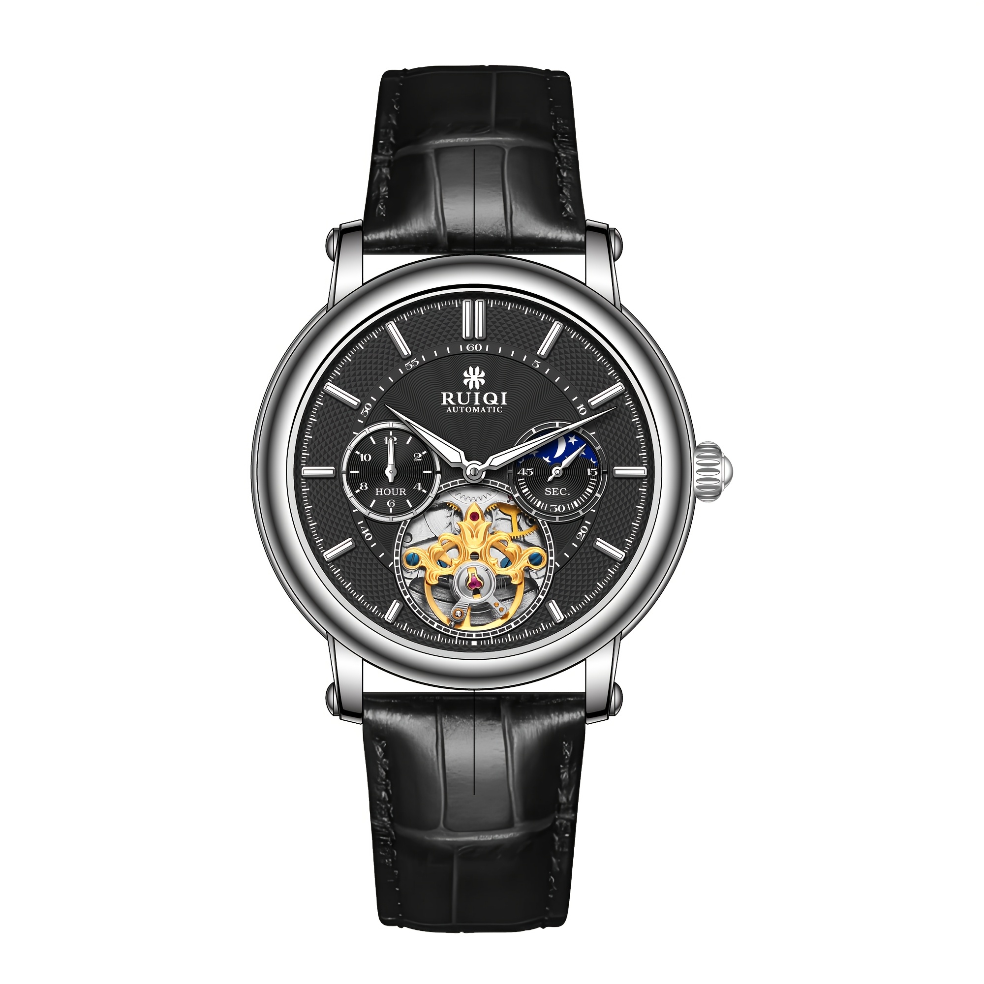 Men' Mechanical Watch, Skeleton Tourbillon Dial, Chronograph, Black Pu Leather Strap, Business
