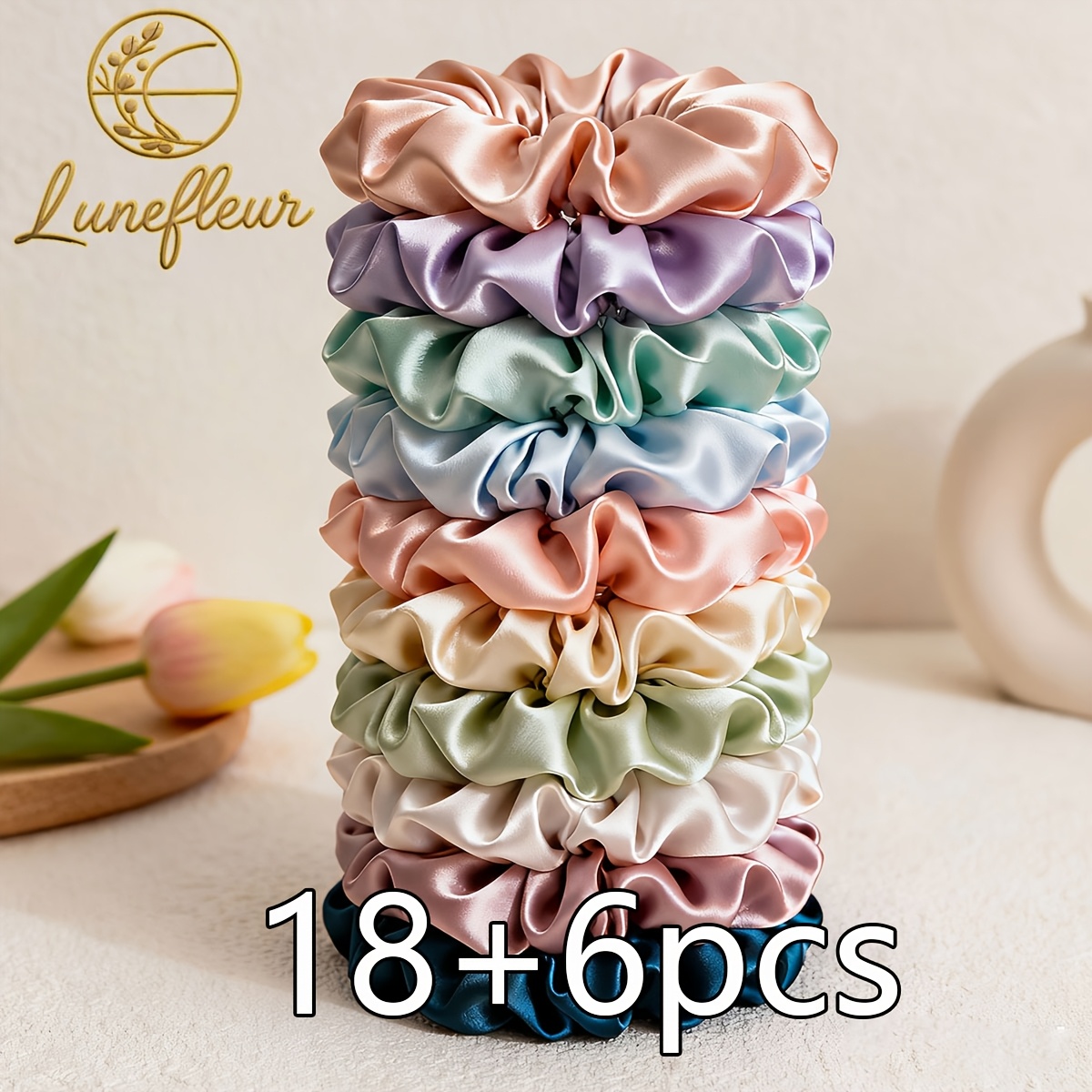 18+6 Bonus Macaron Color Satin Scrunchies, 24pcs Soft Pastel Chunky Hair Bands Set, Mixed Thick Hair Ties