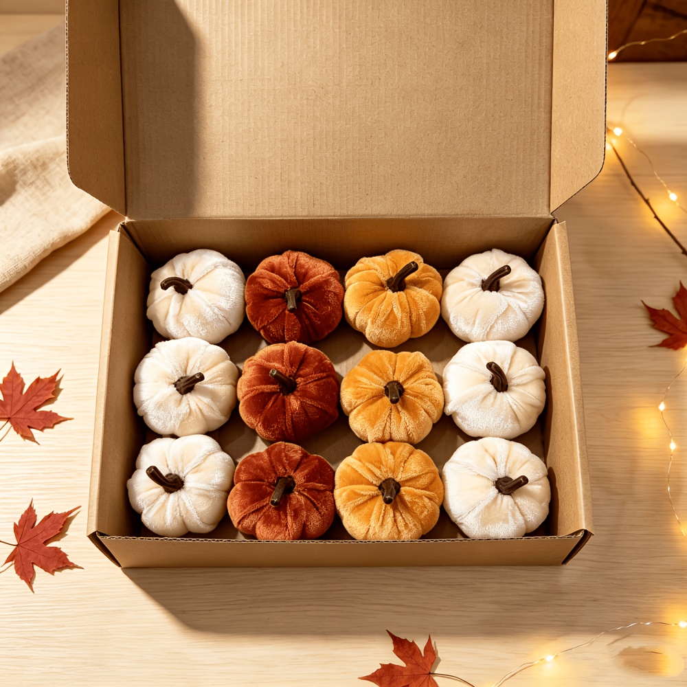 [halloween Thanksgiving] (12pcs Pumpkins+1pc Box) Artificial Pumpkins, Velvet Pumpkins Decoration For Theme Party Wedding Halloween Thanksgiving Table Decor