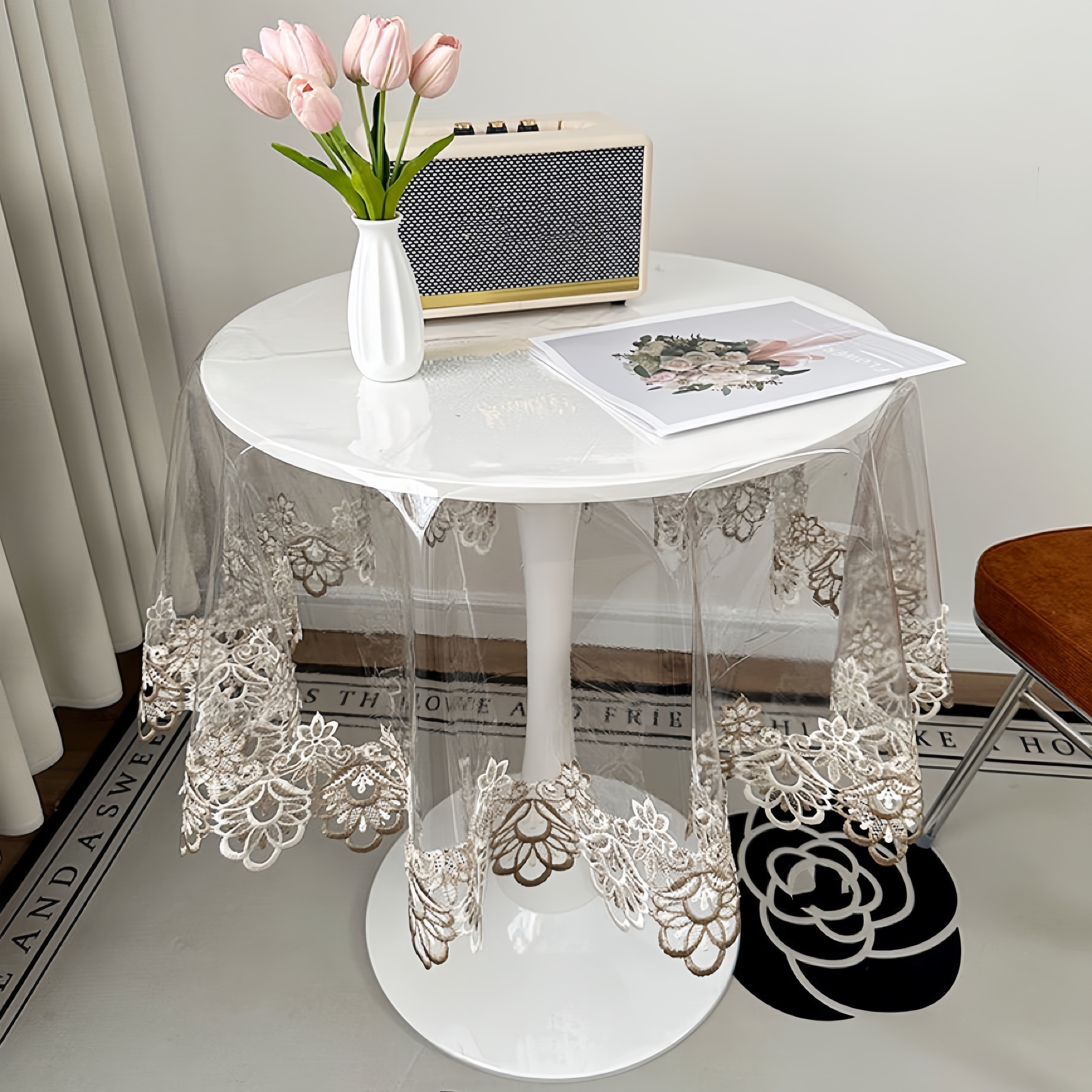 one piece of round transparent pvc lace tablecloth   pvc round lace tablecloth suitable for dining tables and coffee tables large round tables daily home use restaurants and wedding parties 0