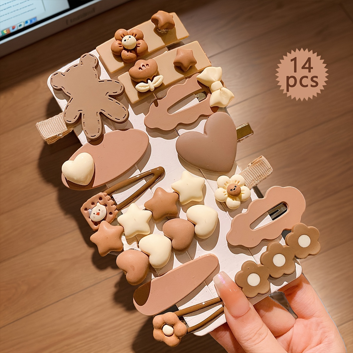 TEMU 14pcs Simple Coffee Color Cartoon Cute Hair Clips, Heart Flower Shaped Decoration Hair Clips