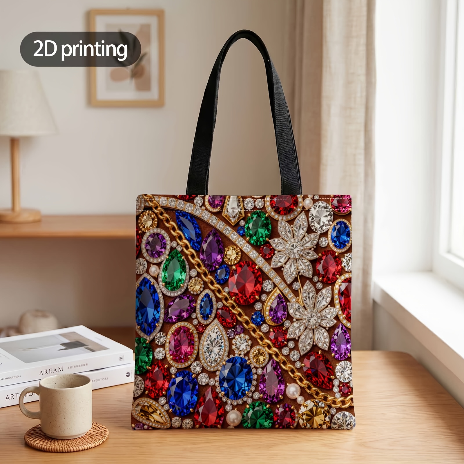 TEMU 2d Printed Handbag With Sparkling Jewel Pattern, Reusable Fashion Shoulder Bag Shopping Tote Bag Suitable For Shopping Office Vacation Daily
