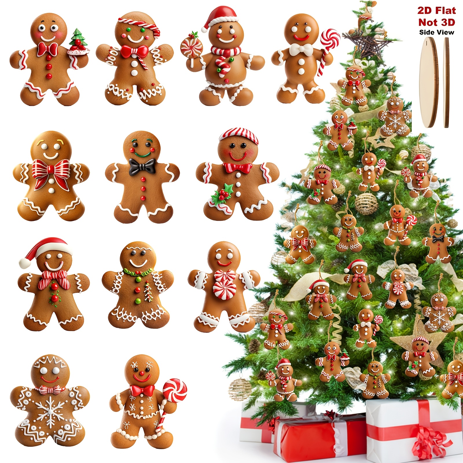 TEMU 2d Flat - 12pcs Christmas Gingerbread Man Wooden Ornaments, Vibrant Colors, Suitable For Holiday Decor, Christmas Tree Hangings, Garden Tree
