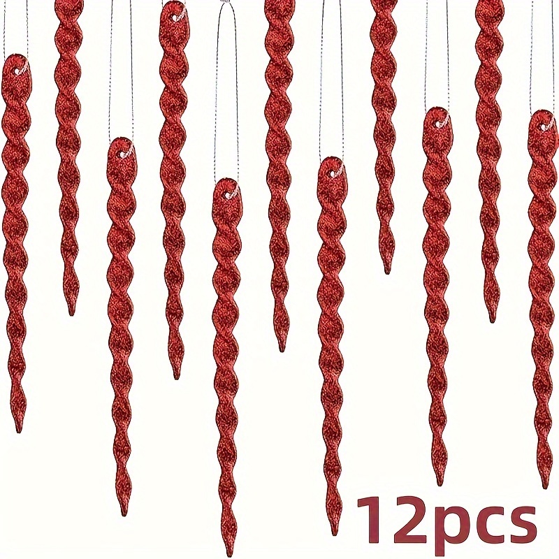 

12-pack Christmas Spiral Icicle Ornaments - Glittery Red Plastic Pendant Drops For Holiday Tree Decoration, Festive Hanging Finials, No Electricity Required