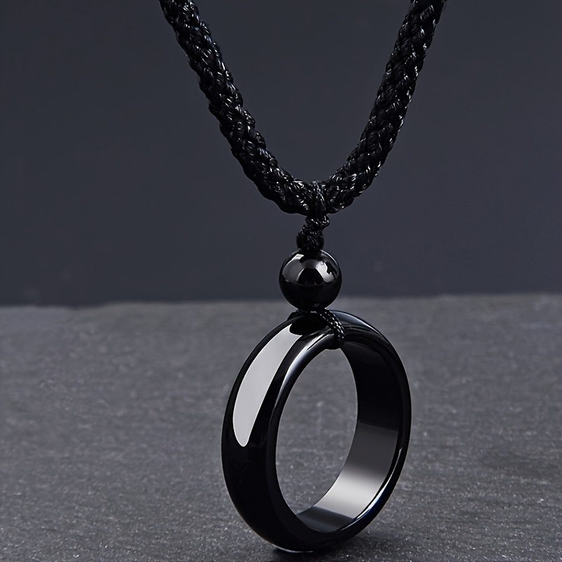 

1pc Fashion Black Ring Design Pendant Rope Necklace For Men, Great Gift, Birthday Jewelry