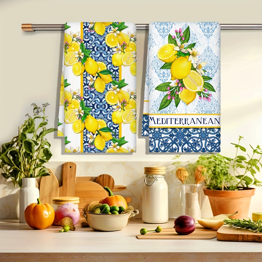 

2pcs Lemon Print Kitchen Towels - Ultra Absorbent Microfiber, Blue & Yellow Watercolor Design For Cooking, Baking & Cleaning - Perfect Spring/summer Decor Lemon Kitchen Towels Magnolia Kitchen Towels